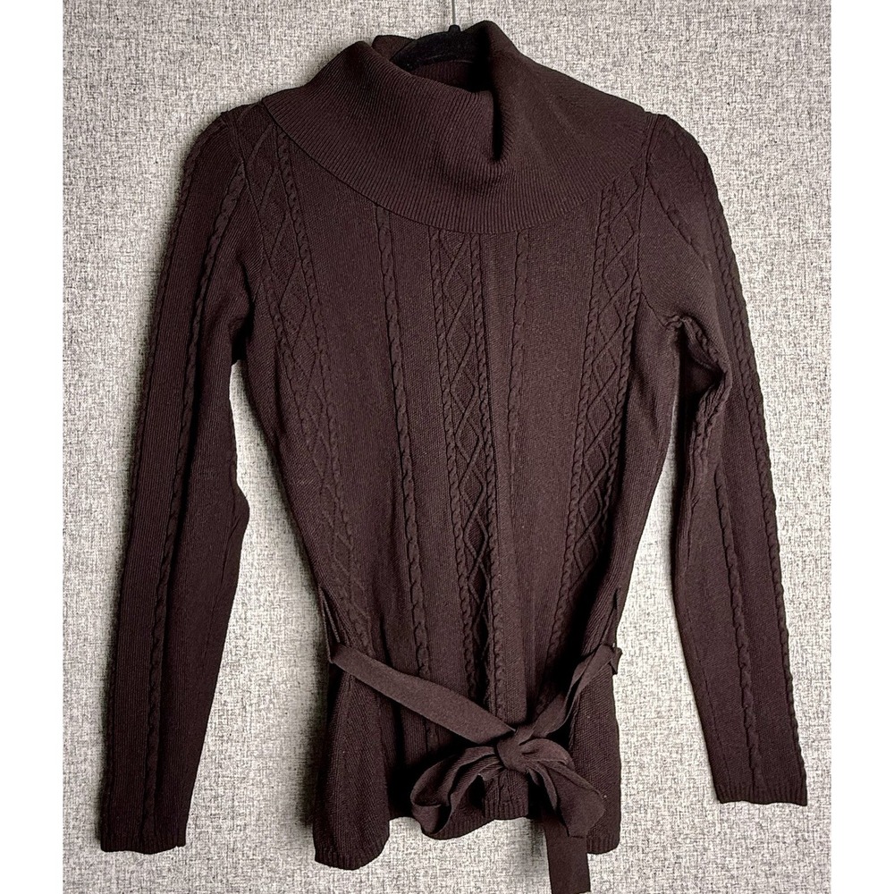 Grace Dane Lewis Chocolate Brown Cable Knit Cowl Neck Belted‎ Sweater SMALL